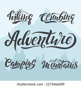 Adventure Vector Illustration. Mountain Logo Lettering Vector Set. Black Letters On The Landscape Background. Modern Design For Sport Company Shop Renting Equipment.