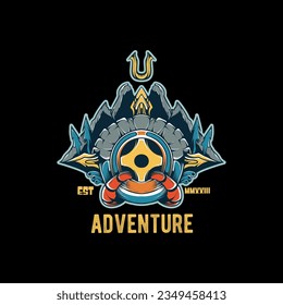 Adventure vector illustration with mountain and wheel concept for apparel