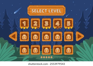 Adventure video game night interface. Wooden buttons and level screen, dark forest with shooting star, ui design, dashboard with boards with letters, forest background nowaday vector concept