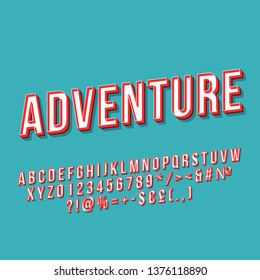 Adventure vintage 3d vector lettering. Retro bold font. Pop art stylized text. Old school style letters, numbers, symbols pack. 80s poster, banner, t shirt typography design. Blue color background