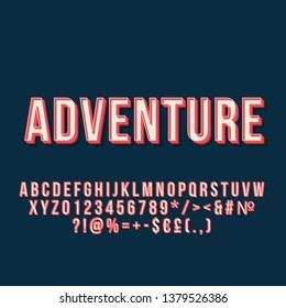 Adventure vintage 3d vector lettering. Retro bold font. Pop art stylized text. Old school style letters, numbers, symbols pack. 90s, 80s poster, banner typography design. Dark blue color background