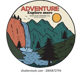 Adventure Vintage Artwork For Apparel. Mountain Lake Trek Graphic Print . Outdoor Patch For Sweatshirt.