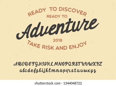 Adventure. Vintage Brush Script. Handmade Font. Retro Typeface. Vector Font Illustration.