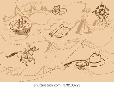 Adventure vintage seamless pattern. Map of treasure with rider, mountains, hills, river, compass and other design elements. Vector hand drawn background.