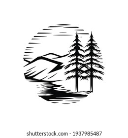 Adventure Wanderlust Vintage Hand Drawn Mountains And Forest Concept Camping Forest Excavator Logo