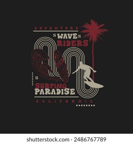 Adventure wave riders surfing paradise summer beach retro vintage poster design