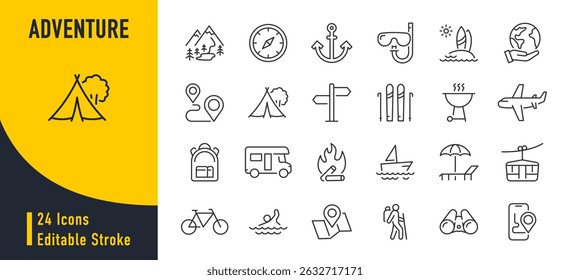 Adventure web icons in line style. Journey, travel, adventure, camping, mountain, hike. Vector illustration.
