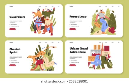 Adventure website set. Engaging illustrations for outdoor activities with anthropomorphic animal characters. Hiking, sprinting, urban exploration. Vector illustration.