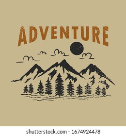 Adventure wild life. Vintage design with mountains, forest silhouettes. For poster, banner, emblem, sign, logo. Vector illustration