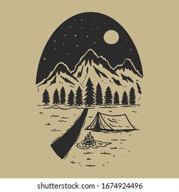 Adventure wild life. Vintage design with mountains, camping tent, forest silhouettes. For poster, banner, emblem, sign, logo. Vector illustration