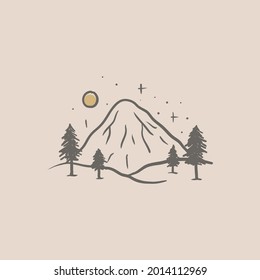 Adventure wild life. Vintage design with mountains, camping tent, forest silhouettes. For poster, banner, emblem, sign, logo. Vector illustration