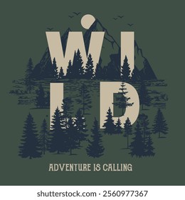 Adventure wild life. Vintage design with mountains, camping tent, forest silhouettes. For poster, banner, emblem, sign, logo. Vector illustration