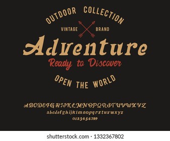 Adventure. Wood. Original font and logo. Print on shirt or sticker. Retro and vintage style. Classic print. Hipster style. Vector font.