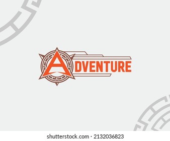 ADVENTURE word lettering with ancient vintage compass ornament vector logo icon sign banner poster print design template. Isolated object on background