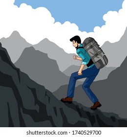 An adventure young man walks up the hill.Vector illustration