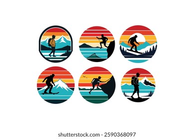 Adventure-inspired retro vintage t-shirt design featuring silhouettes of a snowboarder, rock climber, and hiker on a scenic background. Perfect for outdoor lovers, climbers, and winter sports fans