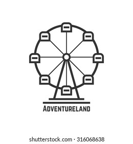 adventureland icon with black ferris wheel. concept of amusement park, fun fair, fairground, leisure activity. isolated on white background. flat style trend modern logotype design vector illustration