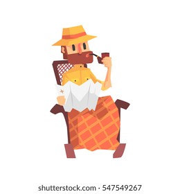 Adventurer Archaeologist In Safari Outfit And Hat Smoking In Rocking Chair Illustration From Funny Archeology Scientist Series