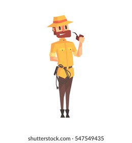 Adventurer Archaeologist In Safari Outfit And Hat Smoking Pipe Illustration From Funny Archeology Scientist Series