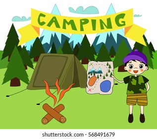 Adventurer boy standing next to the tent with a map.