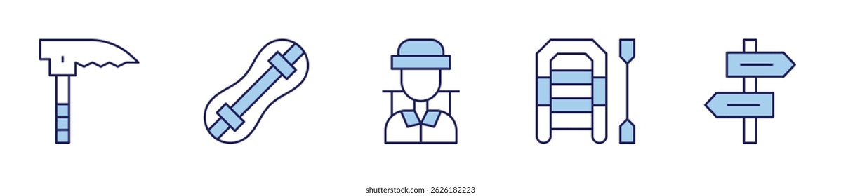 adventurer, climbingequipment, liferaft, snowboard, signpost. Adventure Icon vector illustration. Line Duotone style. Editable stroke.