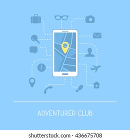 Adventurer club app for smartphone. Travel / map / baggage / camera / contacts icon set. Flat lay design vector illustration.