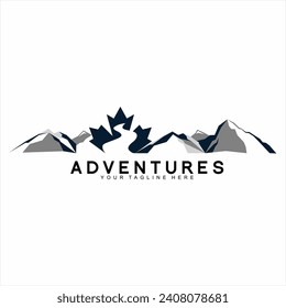 Diseño del logo del club de aventureros. Ilustración de montañas, ríos y hojas de arce.