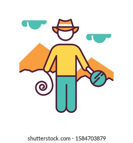 Adventurer color icon. Man in hat with tools. Discovery of egyptian artifacts. Treasure hunter. Pyramid exploration. Raider, moroder. Ancient monument expedition. Isolated vector illustration