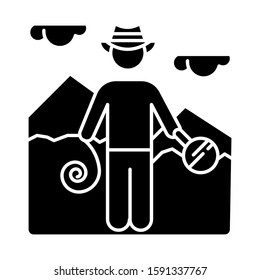 Adventurer glyph icon. Discovery of egyptian artifacts. Treasure hunter. Pyramid exploration. Ancient monument expedition. Silhouette symbol. Negative space. Vector isolated illustration