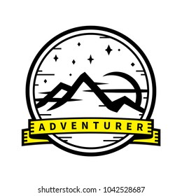 Adventurer inspirational wilderness outdoor adventure travel sticker badge. Mountain landscape at dusk with sunset and stars icon. Vector illustration.