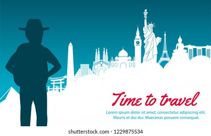 adventurer look to world landmark ahead,silhouette design,vector illustration,green blue gradient,concept artwork