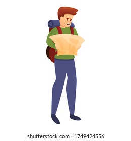 Adventurer with map icon. Cartoon of adventurer with map vector icon for web design isolated on white background