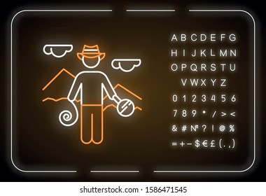 Adventurer neon light icon. Discovery of egyptian artifacts. Treasure hunter. Pyramid exploration. Expedition. Glowing sign with alphabet, numbers and symbols. Vector isolated illustration