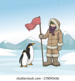 Adventurer at a north pole with a flag and penguins watching him, vector illustration