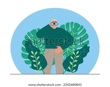 Adventurer observing around using binoculars, close to bushes, jungle vector illustration.