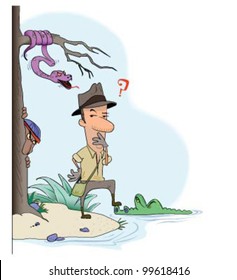 Adventurer on island surrounded by danger- a snake in a tree, a native behind a tree, a crocodile in the water. Fully composed, or blithely unaware, he considers his options.