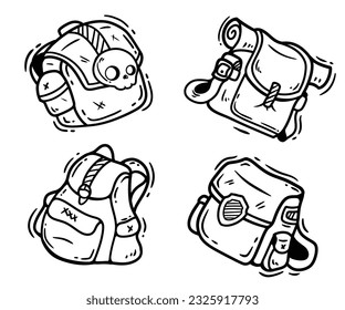 Adventurer pack black outline image. Fantasy character pouch with magical items. Treasure bag comic style doodle illustration.