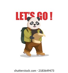 The Adventurer Panda Holding The Map Starts The Journey With The Bag, Ready To Go. Typography Let's Go For T-shirts, Banners And Websites