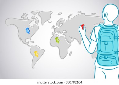Adventurer with pins marking his tour visiting every continent
