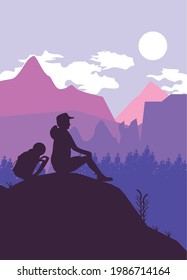 adventurer seated with backpack scene