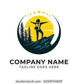 Adventurer Stands on Peak in Silhouette Logo Design with Pine Trees, Stars and Circular Frame