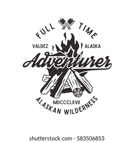 Adventurer vintage label with textured bonfire, axe and type - Adventurer - Alaska. Full time adventurer wilderness retro emblem. Isolated on white background. Stock adventurer vector insignia.