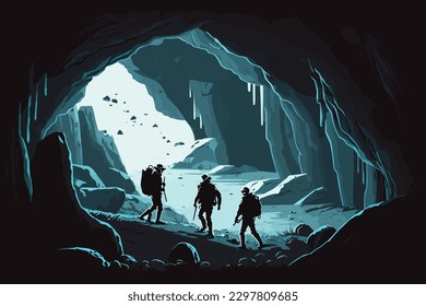 Adventurers at cave, Modern, Clean, Simple and Minimal, Streamlined Tech Illustration