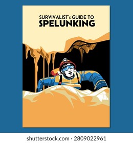 Adventurers at cave spelunking poster or flyer template