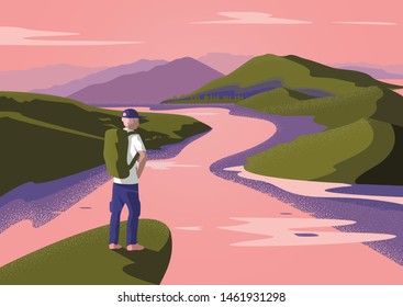 Adventurers exploring mountains and rivers, Tourist looking beautiful natural scenery. Concept of discovery, exploration, hiking, adventure tourism and travel. Flat vector illustration.