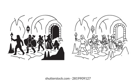 adventurers exploring perilous dungeon in black silhouette outline art vector icon black black silhouette and outline art vector icon