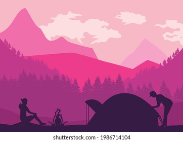 adventurers and tent lilac scene silhouettes