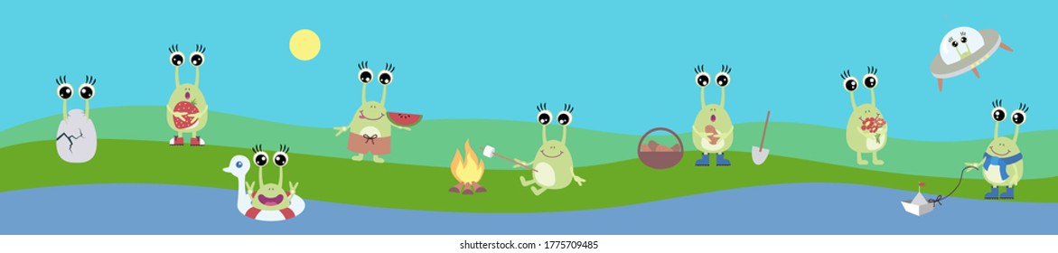 
The adventures of an alien on earth. Summer 2020. Set of cute monsters. Vector set of stickers.