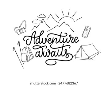 Adventures awaits lettering composition in line style. Vector illustration.