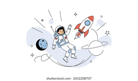 Aventuras de um bravo astronauta explorando planetas e galáxias distantes em uma viagem espacial emocionante com um foguete e corpos celestes